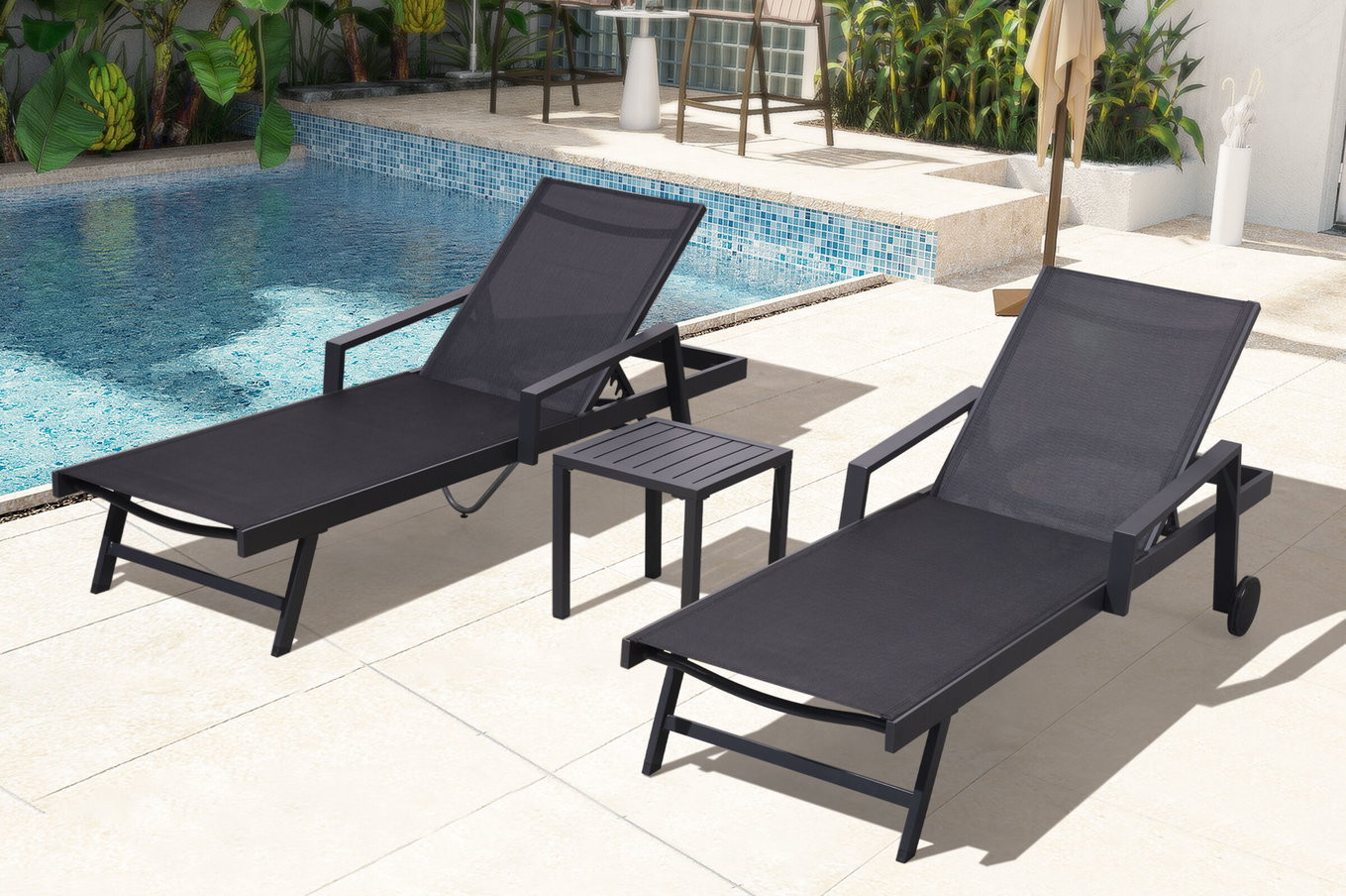 OUTFLEXX Set de bains de soleil, anthracite, Alu/Textilène, 194x65x32 cm, incl. table d'appoint, dossier réglable, à roulettes 24111__1