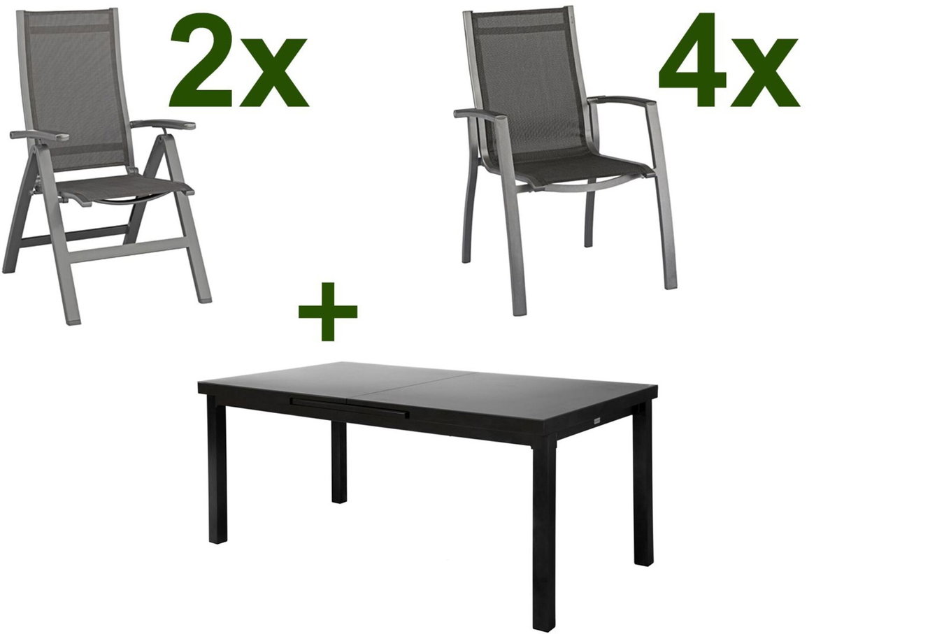 KETTLER Altura Salon de jardin repas, anthracite, Alu/Textilène, Table 180/240x100cm, 4 fauteuils empilables, 2 chaises pliantes 19305__1