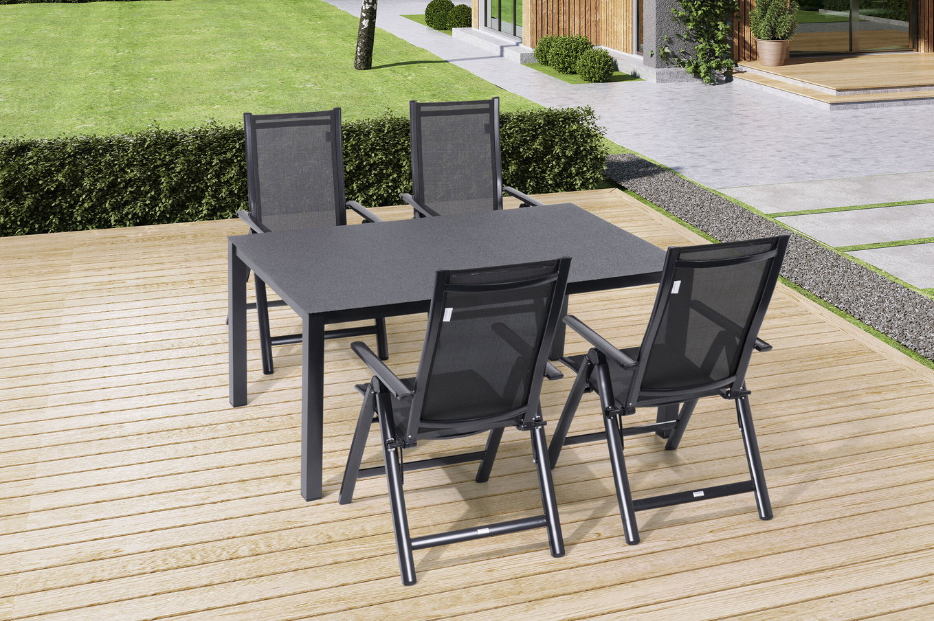 OUTFLEXX Groupe repas de jardin, anthracite, Alu/Spraystone/Textilène, 160x95 cm, 4 chaises pliantes 28175__1