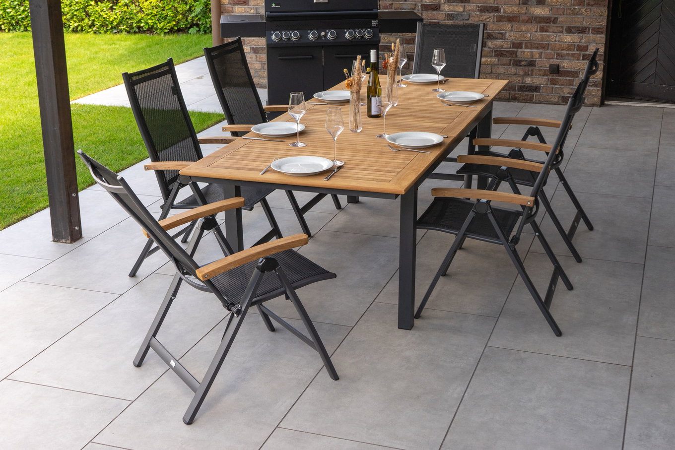 OUTFLEXX Salon de jardin, OUTFLEXX® anthracite mat, Alu / Teck / Textilène, Table 180/240x100cm, 6 chaises pliantes 22185__1