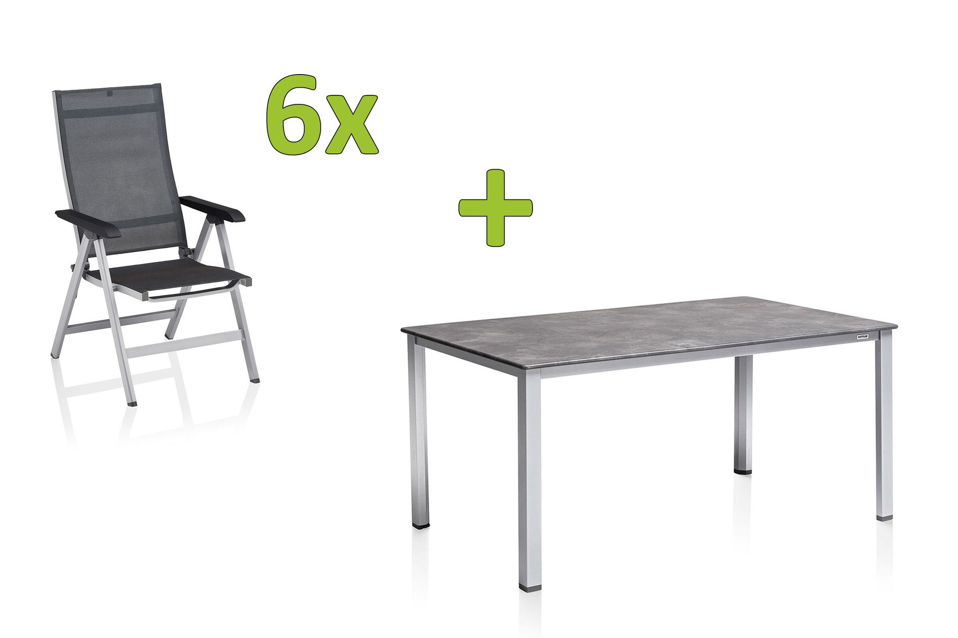 KETTLER BasicPlus Premium Ensemble repas de jardin, argent, alu, table 160x90 cm, 6 chaises pliantes 31561__1