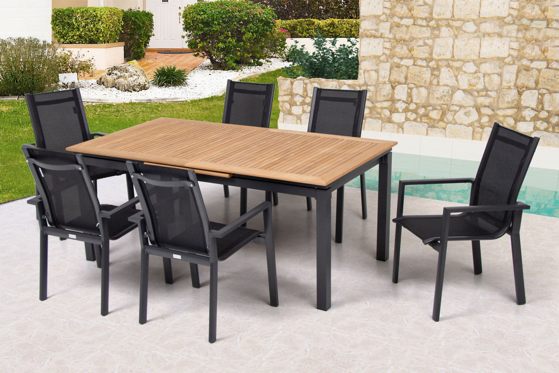 OUTFLEXX Ensemble repas de jardin, OUTFLEXX® anthracite mat, Alu / Teck / Textile, Table extensible 180/240x100cm, 6 fauteuils empilables 22193__1