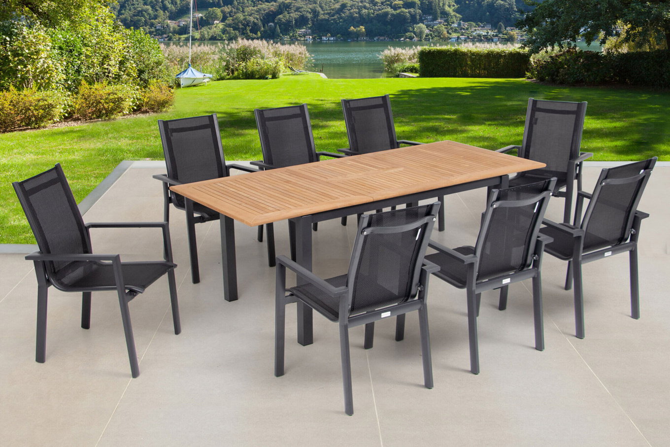 OUTFLEXX Salon de jardin, OUTFLEXX® anthracite mat, Alu / Teck / Textile, Table extensible 150/210x90cm, 8 Fauteuils empilables 22179__1