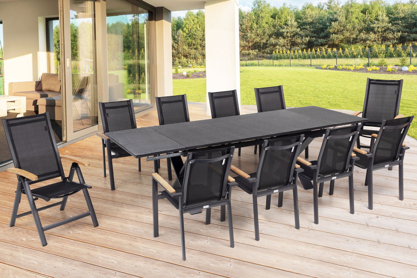 OUTFLEXX Ensemble repas de jardin, OUTFLEXX® anthracite mat, Alu / Spraystone / Teck, Table 180/280 x 100 cm, 8 fauteuils empilables, 2 chaises pliantes 22132__1