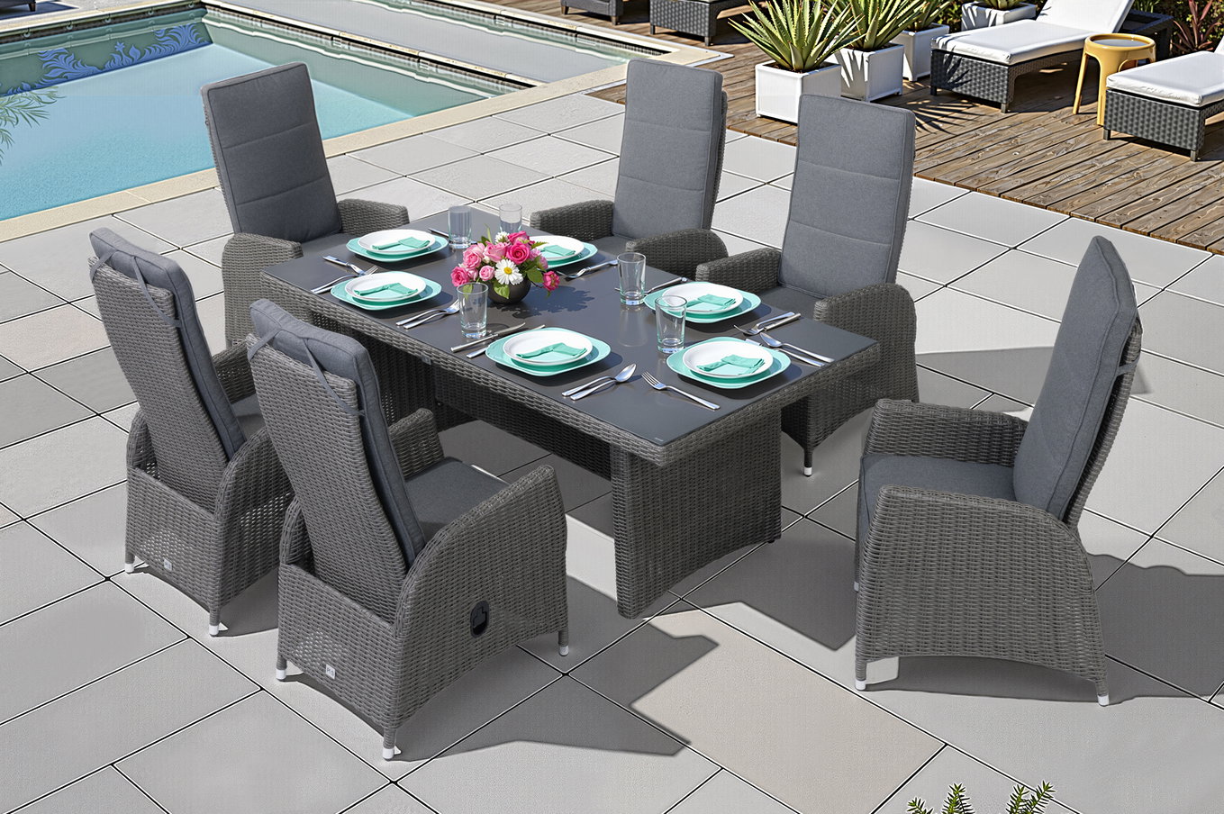 Ploß Vigo salon de jardin, gris acier chiné / gris ardoise, polyrotin, table 200 x 95 cm, 6 fauteuils 21587__1