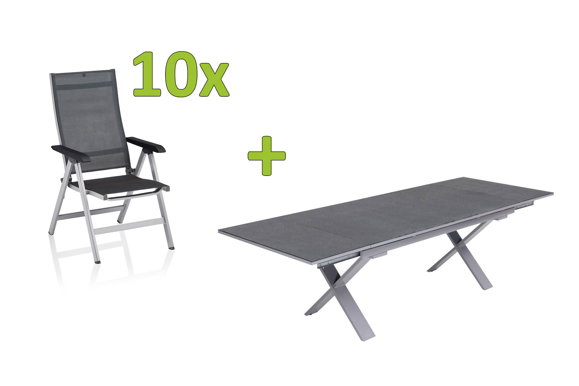 KETTLER BasicPlus Premium Ensemble repas de jardin, argent, Alu/Textilène, Table 180/280 cm, 10 Chaises pliantes 31526__1
