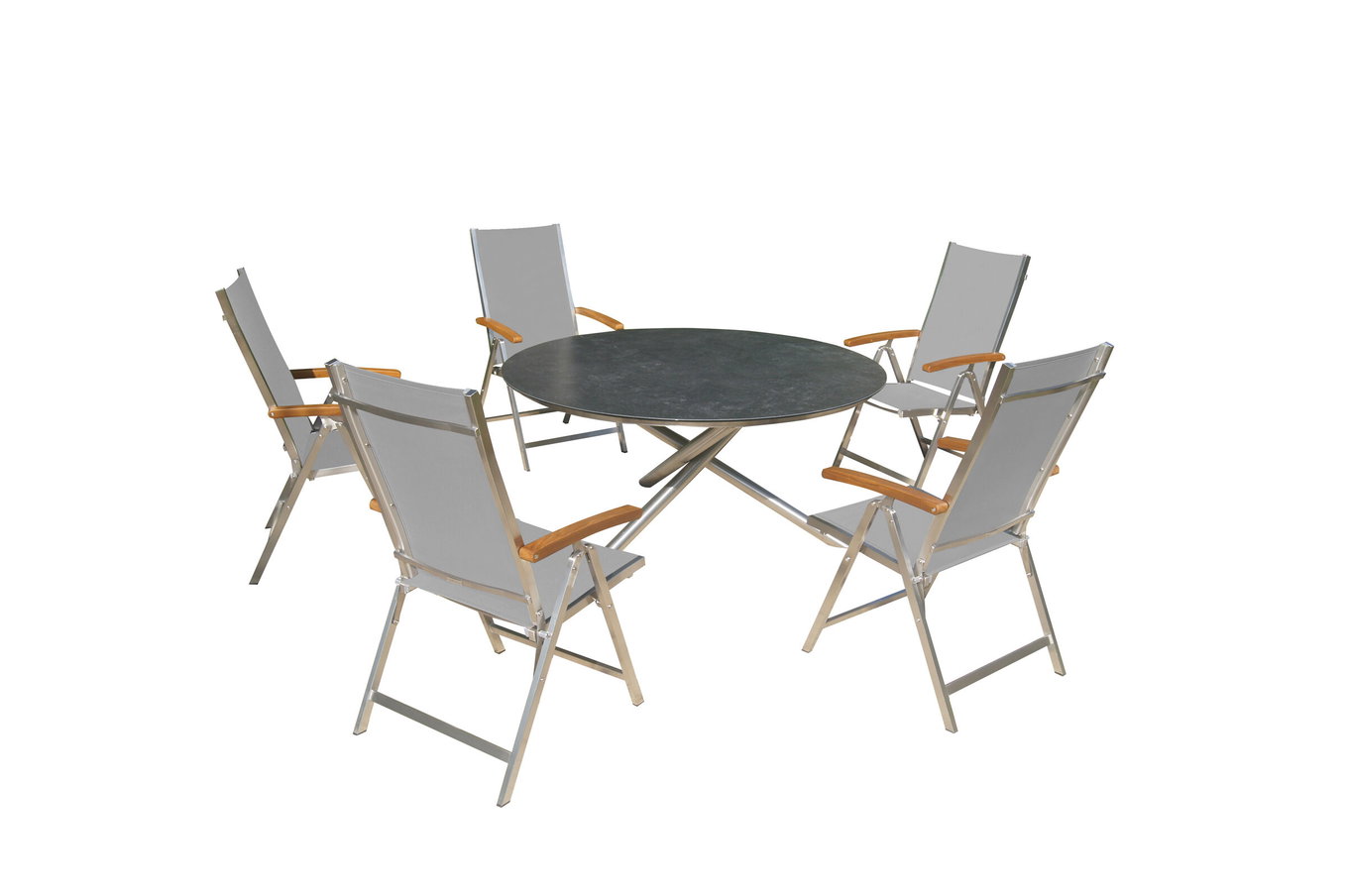 OUTFLEXX Ensemble repas de jardin, argent/gris, acier inoxydable/vitrocéramique/textilène/bois de teck, table Ø150cm, 5 chaises pliantes, réglable 24044__1
