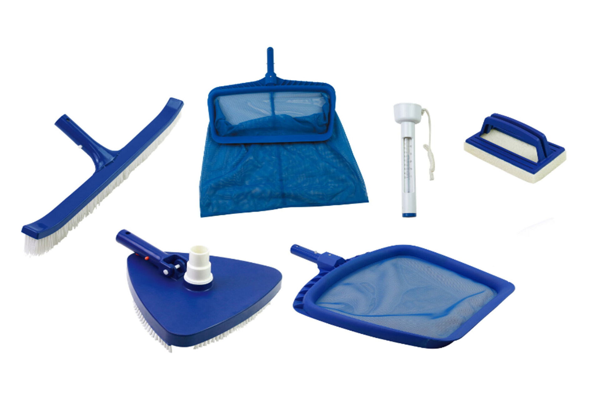 OUTTECH Kit d'entretien pour piscine, blanc/bleu, plastique, 6 pièces, incl. brosses, épuisettes et thermomètre