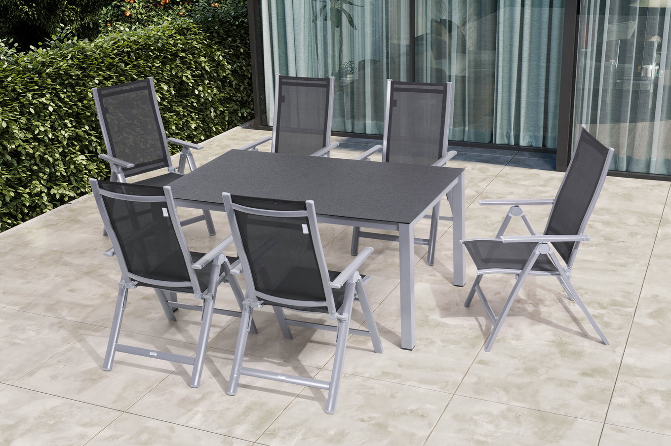 OUTFLEXX Salon de jardin repas, argent/anthracite, Alu/Spraystone/Textilène, 160x95 cm, 6 Chaises pliantes 28171__1