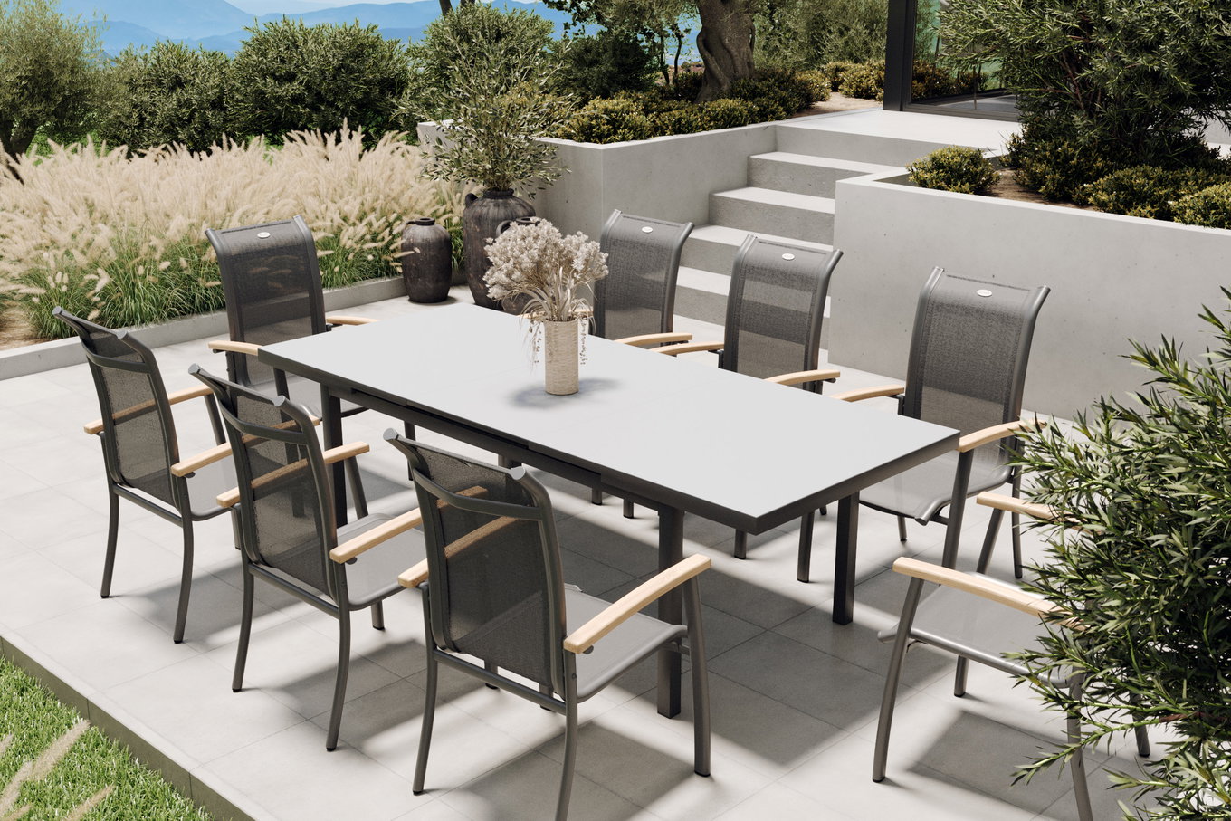 HARTMAN Alice Salon de jardin, xerix, Alu/4x4 Textilène, Table 180/240x100cm, 8 fauteuils empilables 19328__1