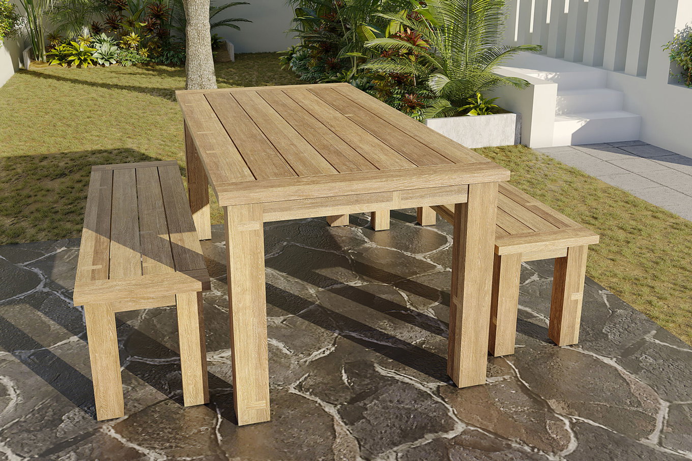 OUTFLEXX Ensemble repas de jardin, table 200x100cm, 2 bancs 170x40cm, teck recyclé, épaisseur plateau 30mm 14053__1