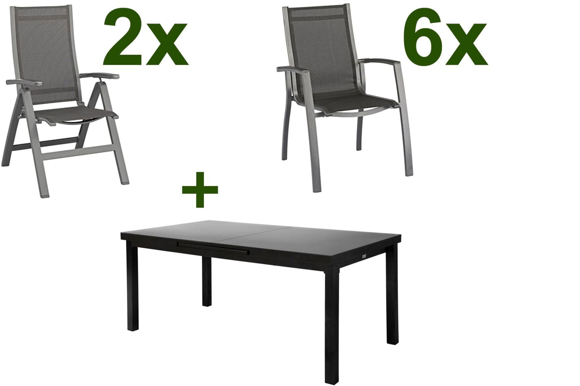 KETTLER Altura Salon de jardin, anthracite, Alu/Textilène, Table 180/240x100cm, 6 fauteuils empilables, 2 chaises pliantes 19306__1