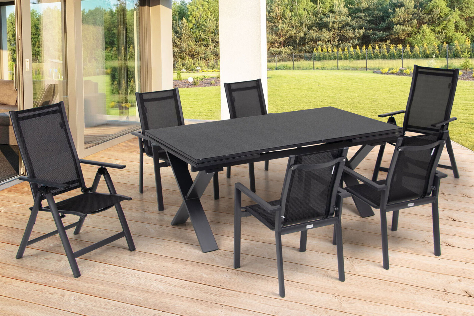 OUTFLEXX Salon de jardin repas, OUTFLEXX® anthracite mat, Alu / Spraystone / Textilène, Table 180/280 x 100 cm, 4 fauteuils empilables, 2 chaises pliantes 22139__1