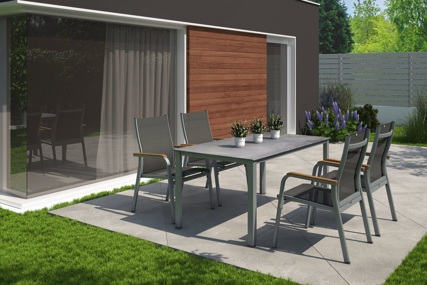KETTLER Granada Groupe repas de jardin, argent/anthracite, alu, table 160x90, 4 fauteuils empilables 31404__1