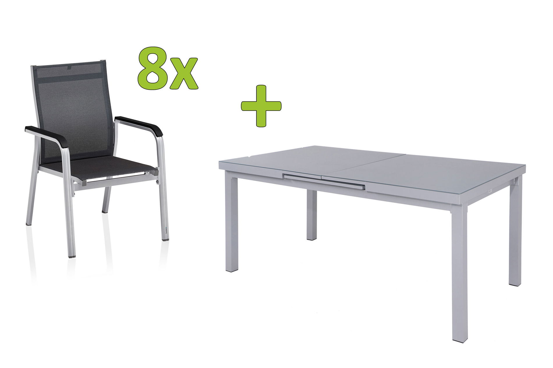 KETTLER BasicPlus Premium Ensemble repas de jardin, argent, Alu/Textilène, Table 180/240 cm, 8 Fauteuils empilables 31515__1