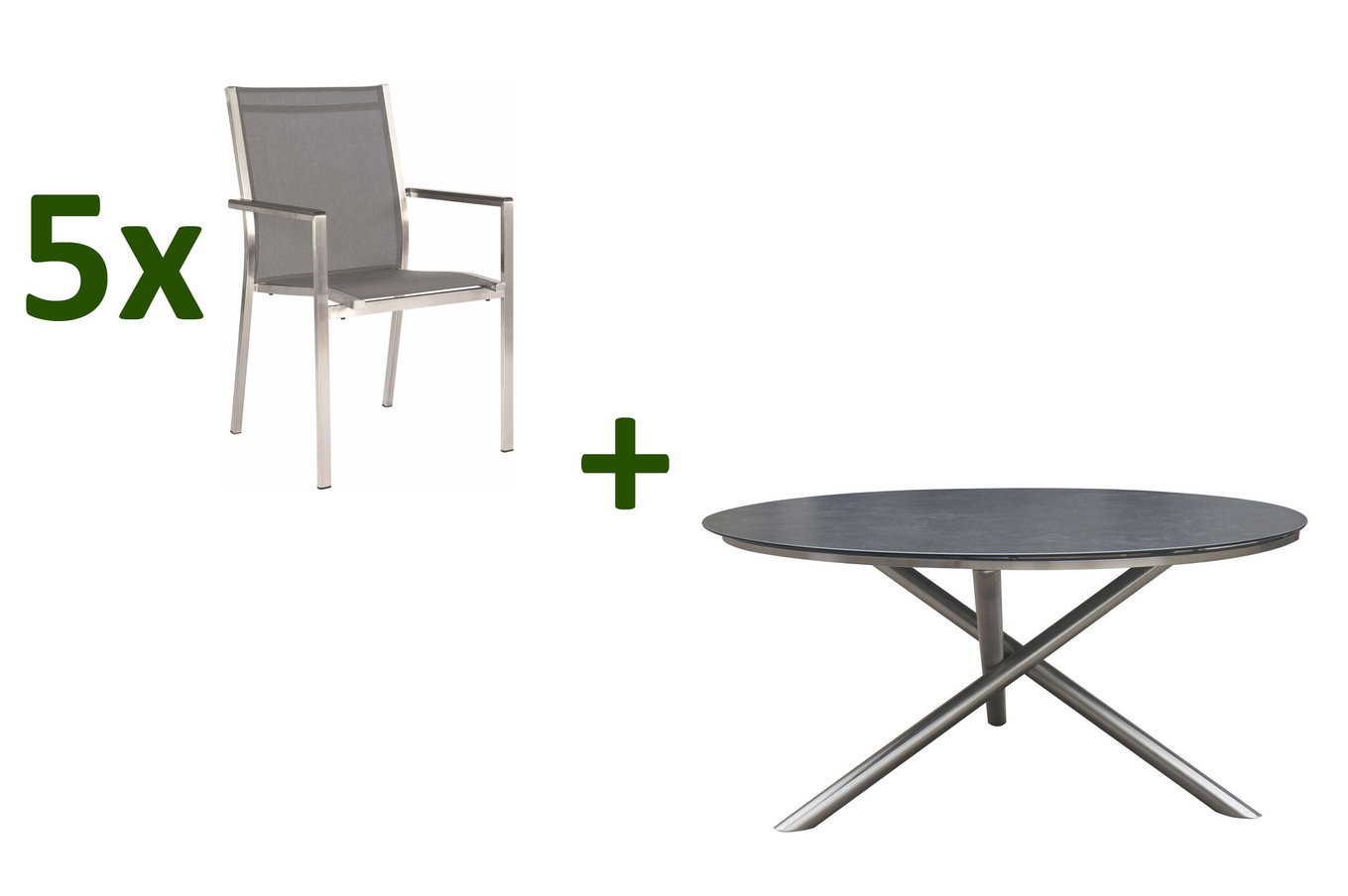 STERN Ensemble repas de jardin, argenté/gris, Acier inoxydable/Textile/Alu/Vitrocéramique, Table Ø150cm, 5 fauteuils empilables 24427__1