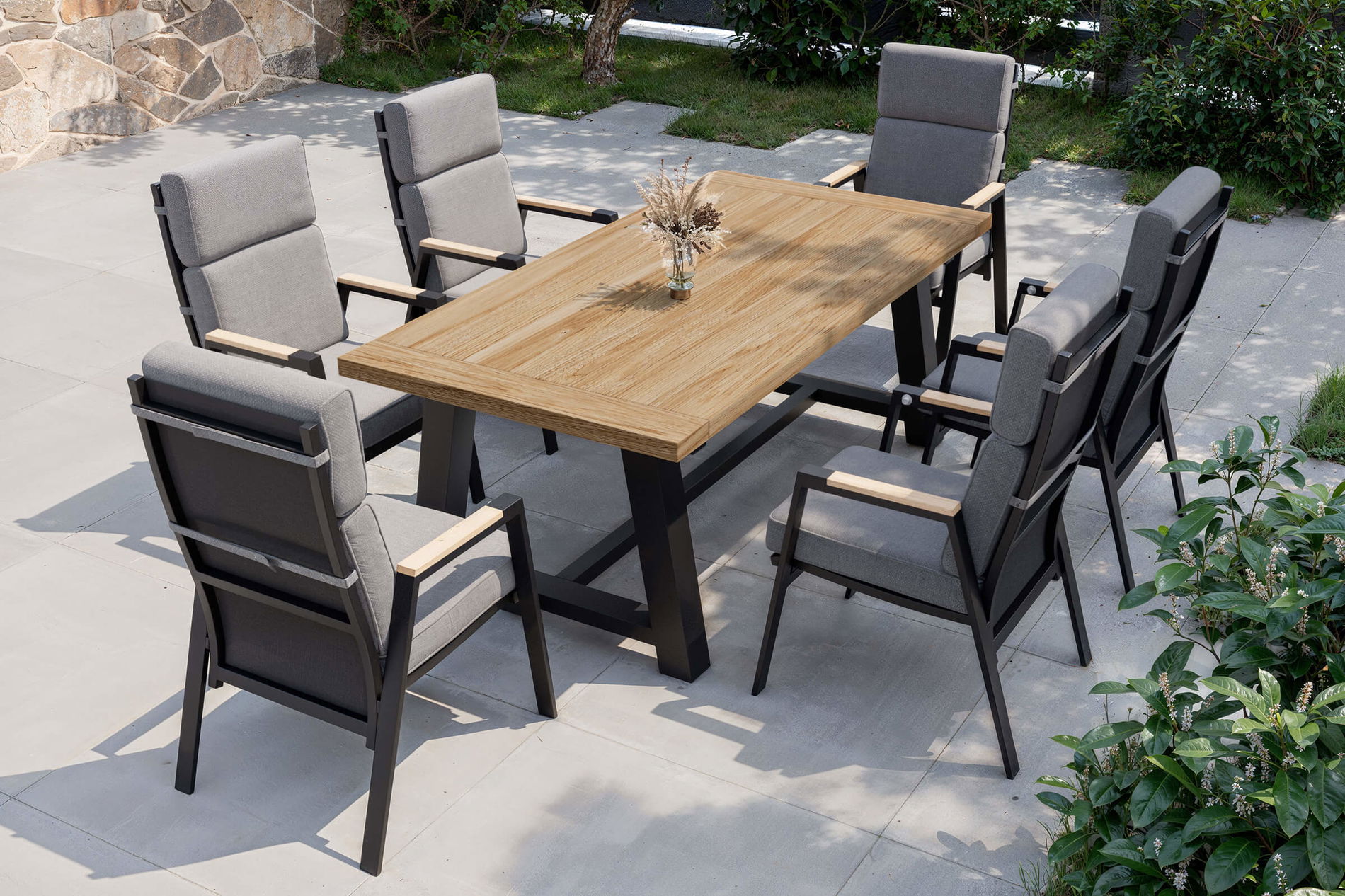 Salon de jardin OUTFLEXX Evora, anthracite/naturel, aluminium/teck/polyester, 200 x 100 cm, produit certifié FSC® 80945__1