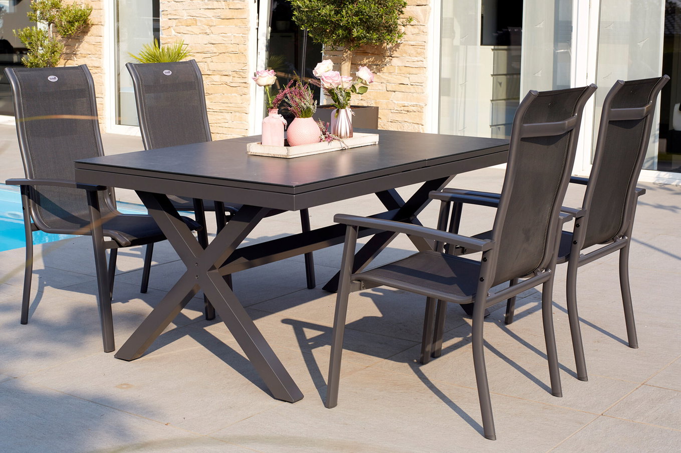 HARTMAN Xanadu / Alice Ensemble repas de jardin, xerix, Alu/Textilène/Verre-céramique, 4 fauteuils empilables, 160/220x100cm 23257__1