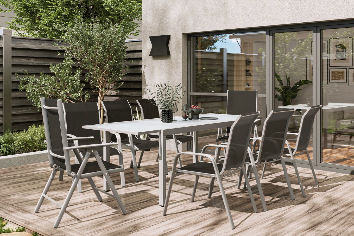 VILLANA Ensemble repas de jardin, argent/noir, Alu/Textile, Table 160/220 cm, 6 chaises empilables, 2 fauteuils 13878__1