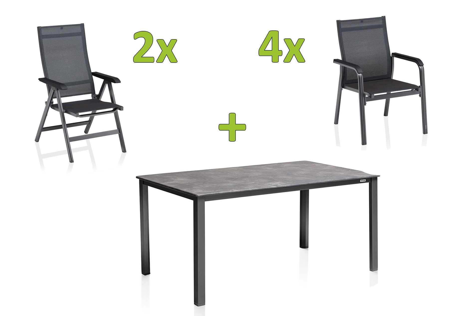KETTLER BasicPlus Premium ensemble repas de jardin, anthracite, alu, table 160x90 cm, 4 fauteuils empilables, 2 chaises pliantes 31569__1