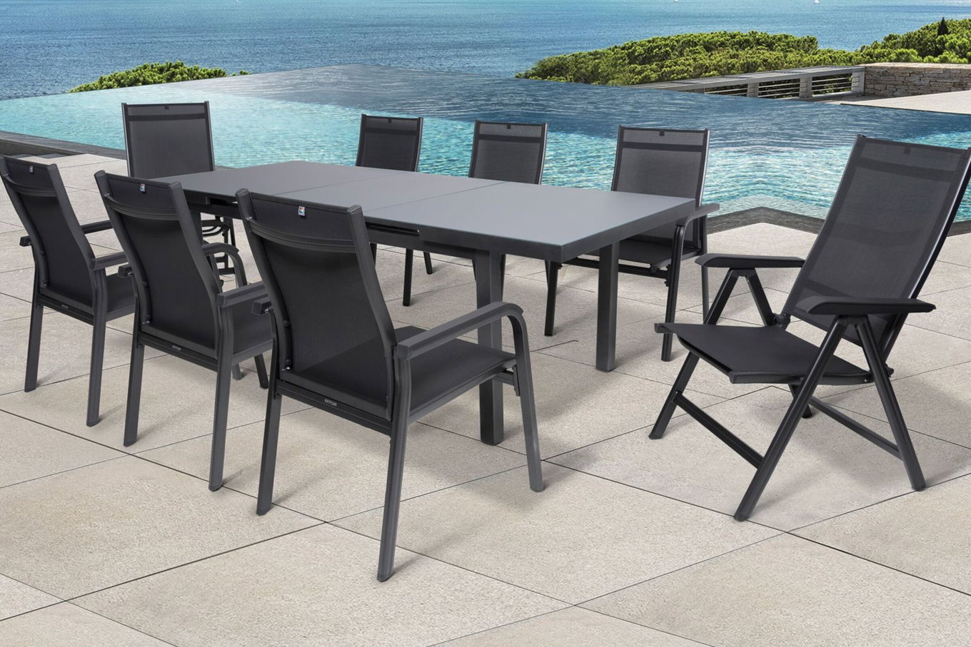 KETTLER BasicPlus Salon de jardin, anthracite, Alu/Textilène, Table 180/240x100cm, 6 fauteuils empilables, 2 chaises pliantes 19318__1