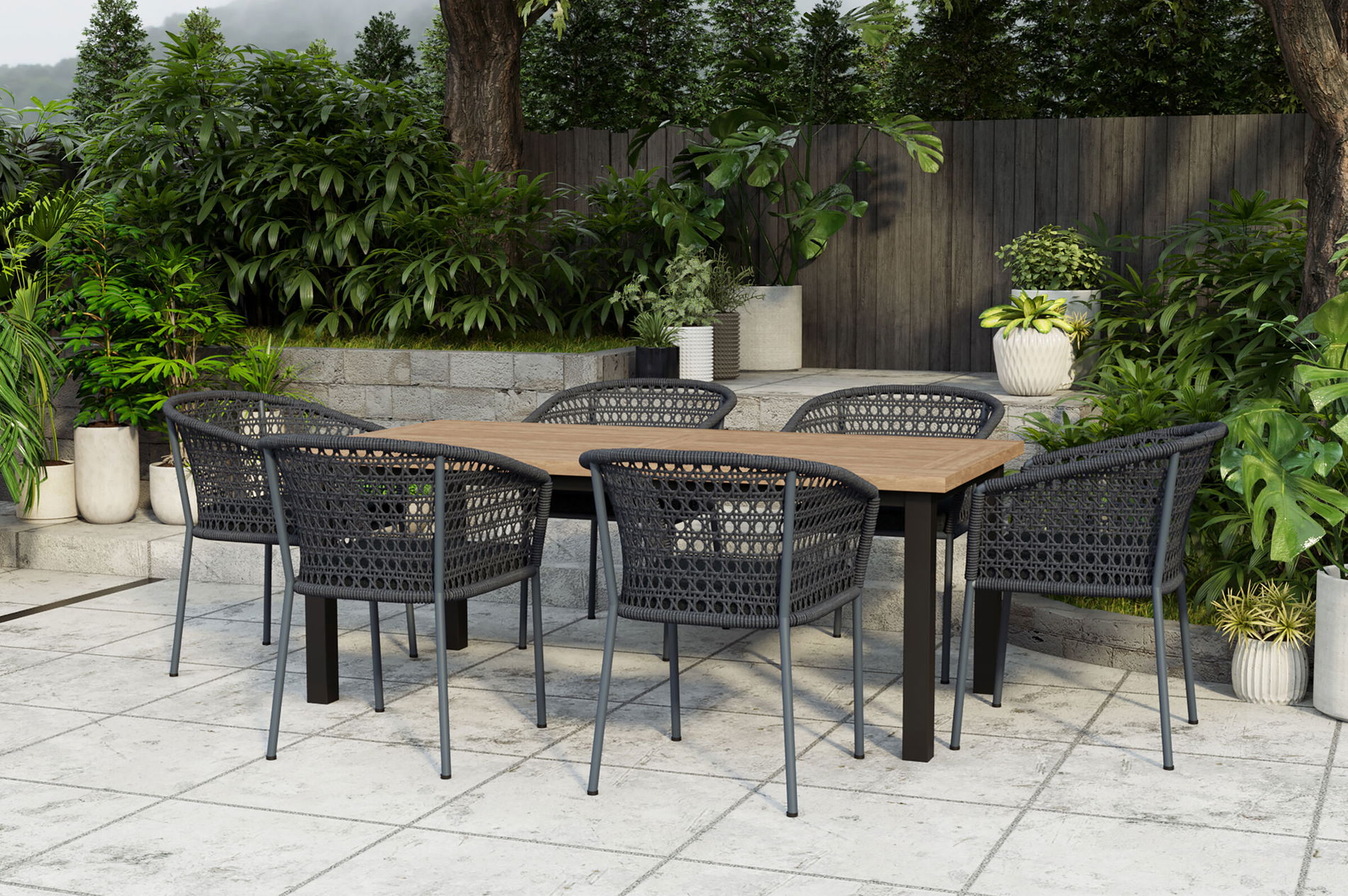 OUTFLEXX Oxford/Zui Salon de jardin, anthracite/gris foncé, acier inoxydable/teck recyclé/corde, 200/260 x 100 cm, 6x fauteuils, coussins inclus 24310__1