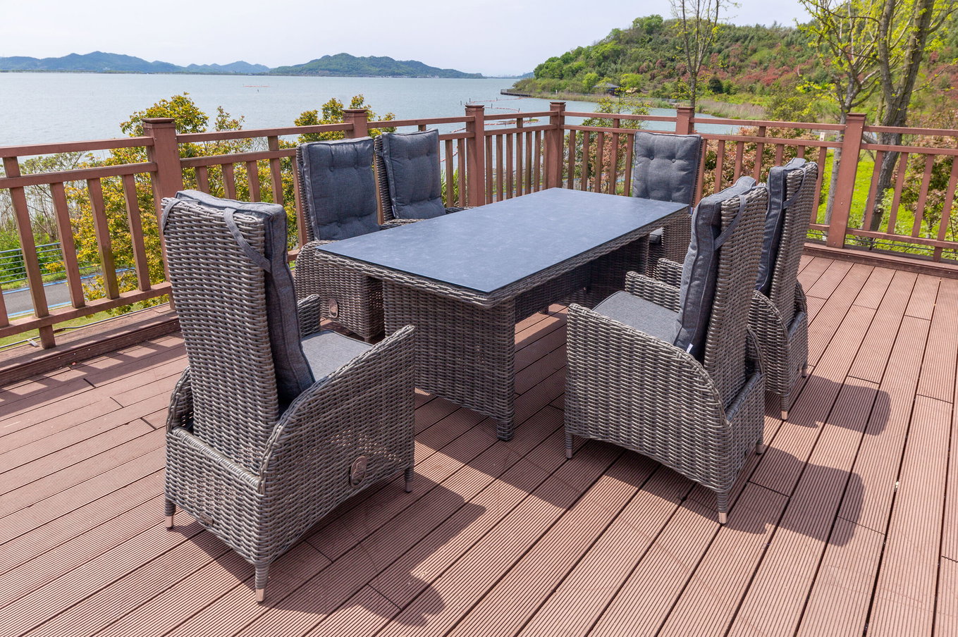 OUTFLEXX Salon de jardin repas, gris, résine tressée, table 200 x 95 cm, 6 fauteuils, réglables 18922__1