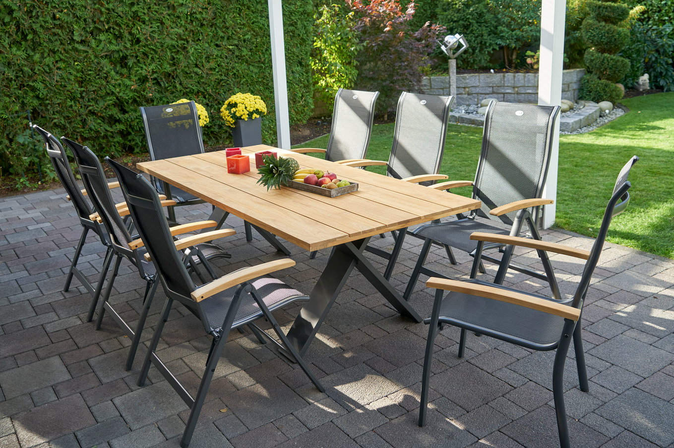 HARTMAN Xanadu / Alice Salon de jardin, xerix/noir, Alu/Teck, 4x4 Textilène, 2 fauteuils empilables, 6 chaises pliantes, 220x100cm 21161__1