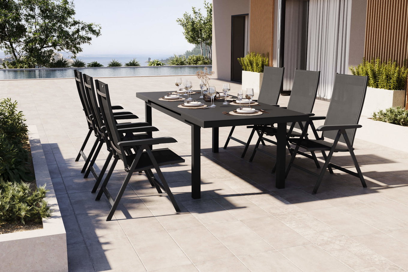 KETTLER BasicPlus Ensemble repas de jardin, anthracite, Alu/Textilène, Table 180/240x100cm, 6 chaises pliantes 19313__1