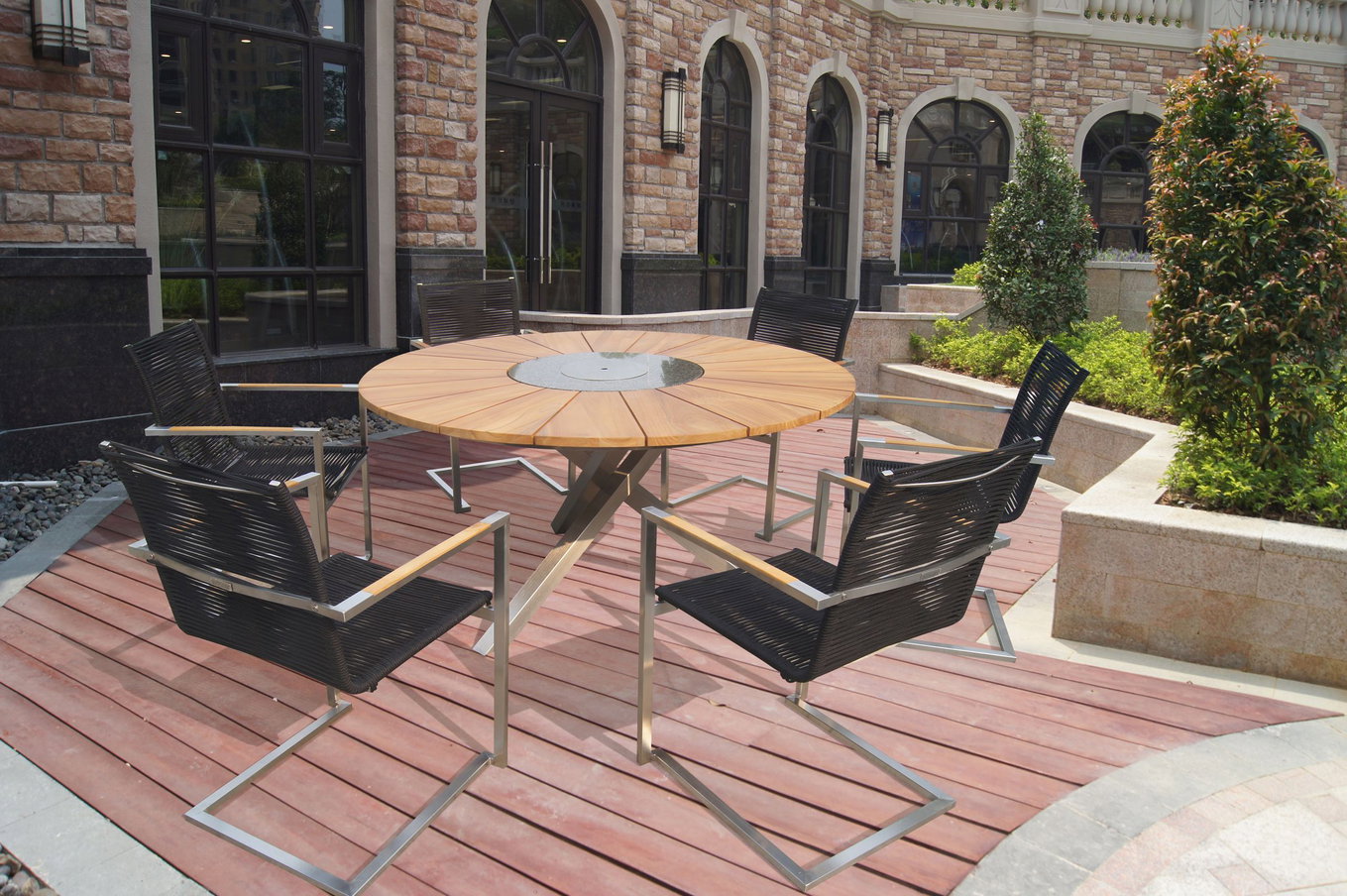 Ensemble de table à manger OUTFLEXX, argent/noir, acier inoxydable/teck, table à manger Ø 170 cm, 6 chaises cantilever, produit certifié FSC® 18872__1