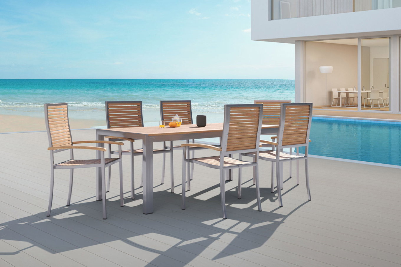 OUTFLEXX Salon de jardin, naturel, acier inoxydable/teck, table à manger 200 x 90 cm, 6 chaises empilables, produit certifié FSC® 14210__1