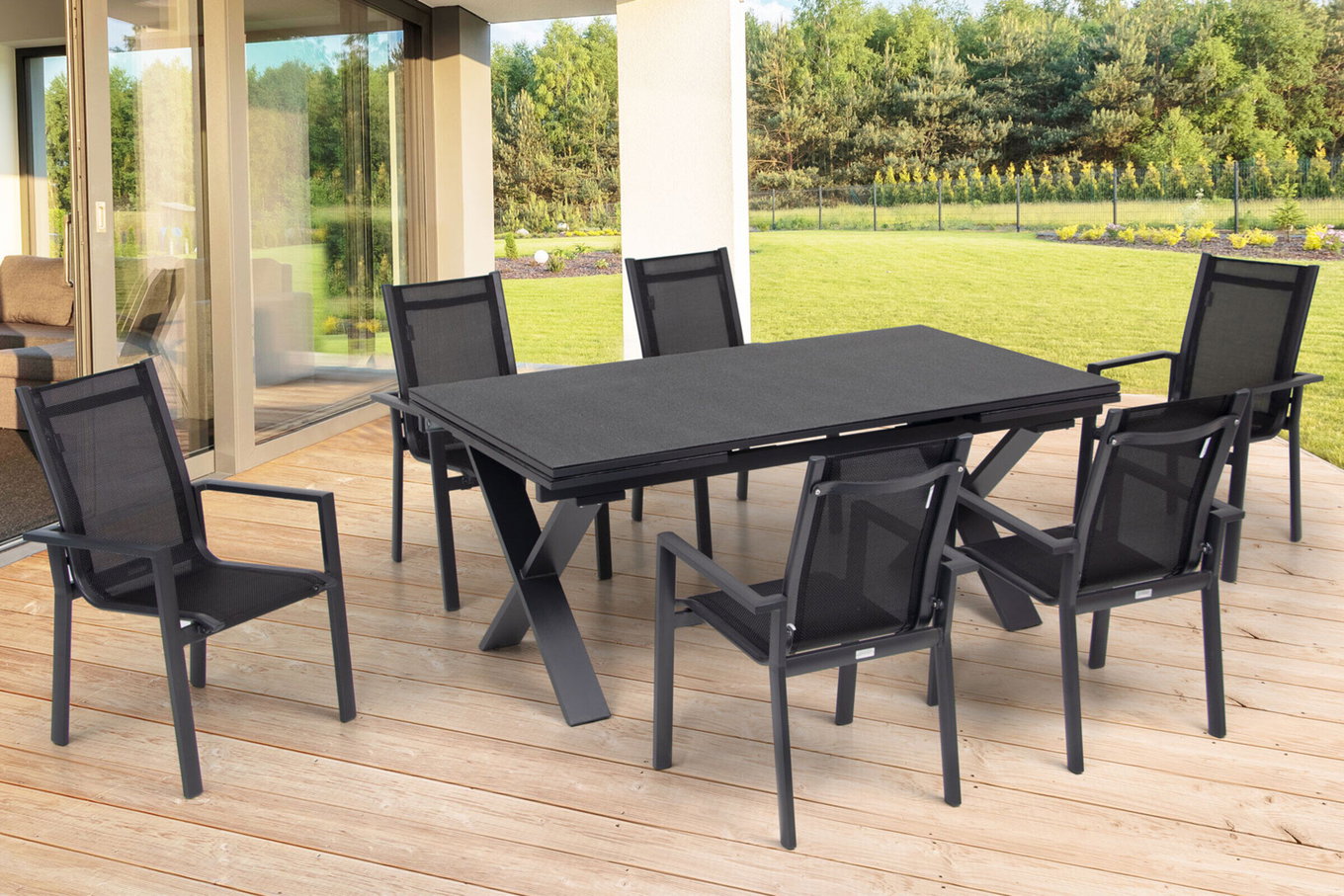 OUTFLEXX Salon de jardin, OUTFLEXX® anthracite mat, Alu / Spraystone / Textile, Table 180/280x100cm, 6 fauteuils empilables 22136__1