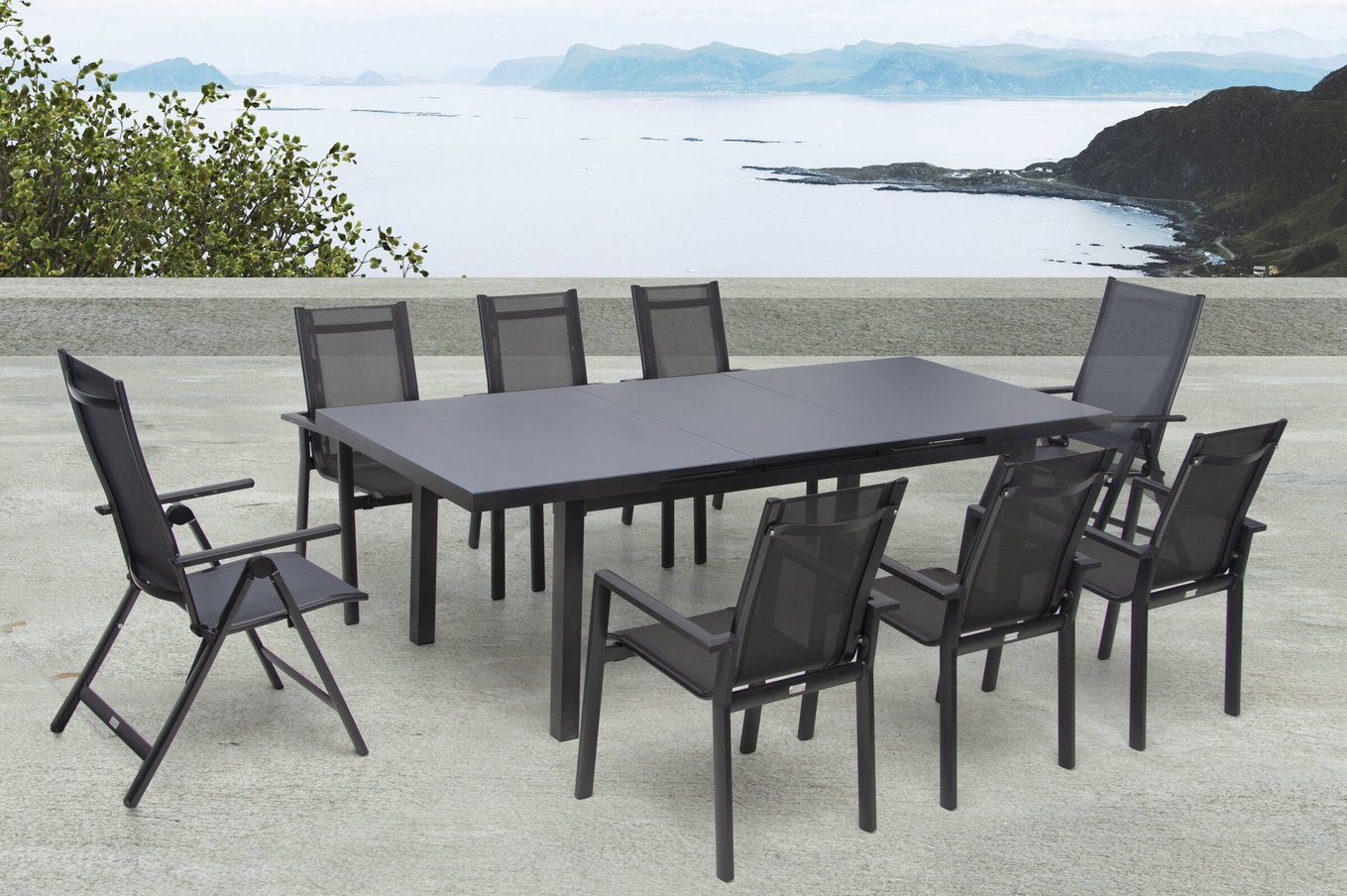 Ensemble repas de jardin OUTFLEXX Premium, anthracite/gris, alu/textilène, table à rallonge 180/240 x 100 cm, 6 fauteuils empilables, 2 chaises pliantes 21442__1