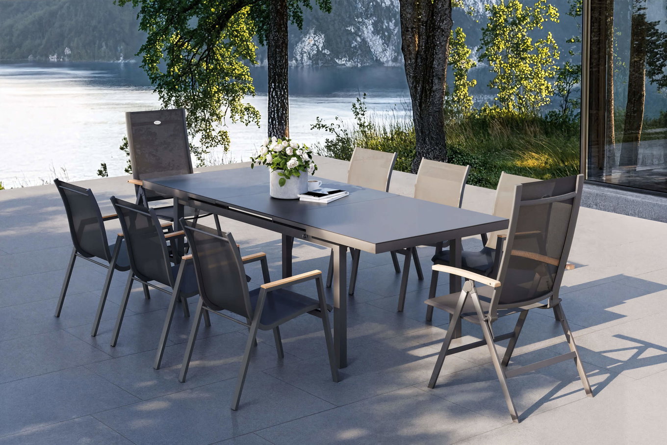 HARTMAN Aruba Teak Salon de jardin, xerix, Alu/Textilene, Table 180/240x100cm, 6 fauteuils empilables, 2 chaises pliantes 19342__1