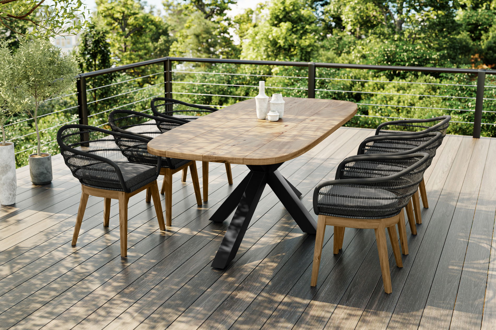 Salon de jardin OUTFLEXX Belgium, naturel/gris foncé, Alu/teck recyclé, table 220 x 100 cm, 6 chaises, coussins inclus, produit certifié FSC®