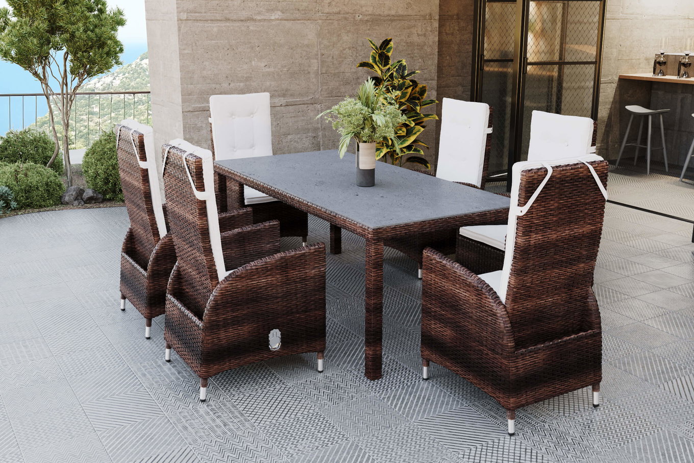 OUTFLEXX Ensemble repas de jardin, marron marbré, résine tressée, table 180x100cm, Spraystone, 6mm, 6 fauteuils Dining, réglables 20666__1