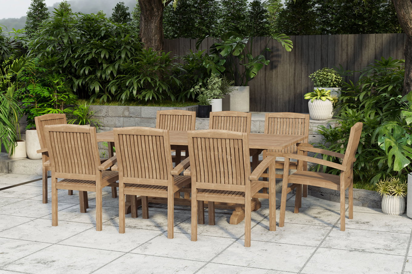 OUTFLEXX Ontario/Washington Groupe repas de jardin, naturel, Teck, 160/210x90cm, 8x Fauteuil empilable 24365__1