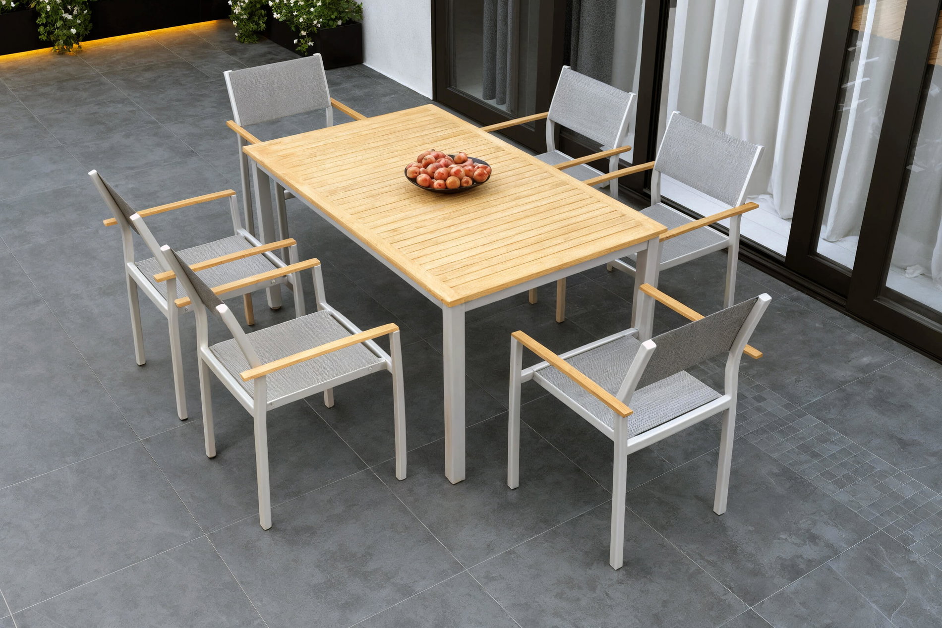 Ensemble de repas de jardin VILLANA avec 6 chaises empilables, argenté, alu/eucalyptus, table extensible 150/200 x 90 cm, produit certifié FSC®