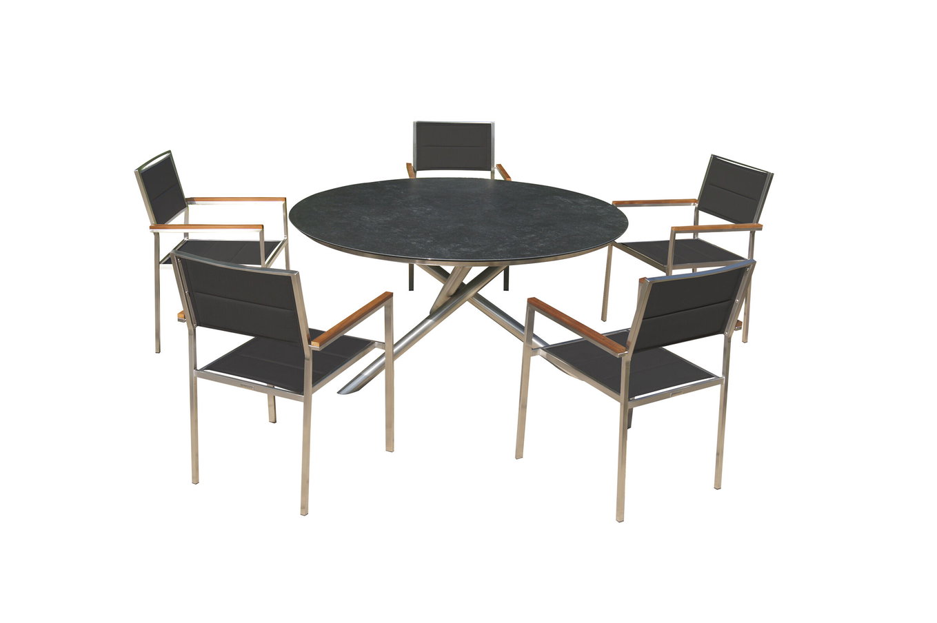 OUTFLEXX Ensemble repas de jardin, argent/noir, acier inoxydable/vitrocéramique/textilène/teck, table Ø150cm, 5 chaises, padded 24042__1