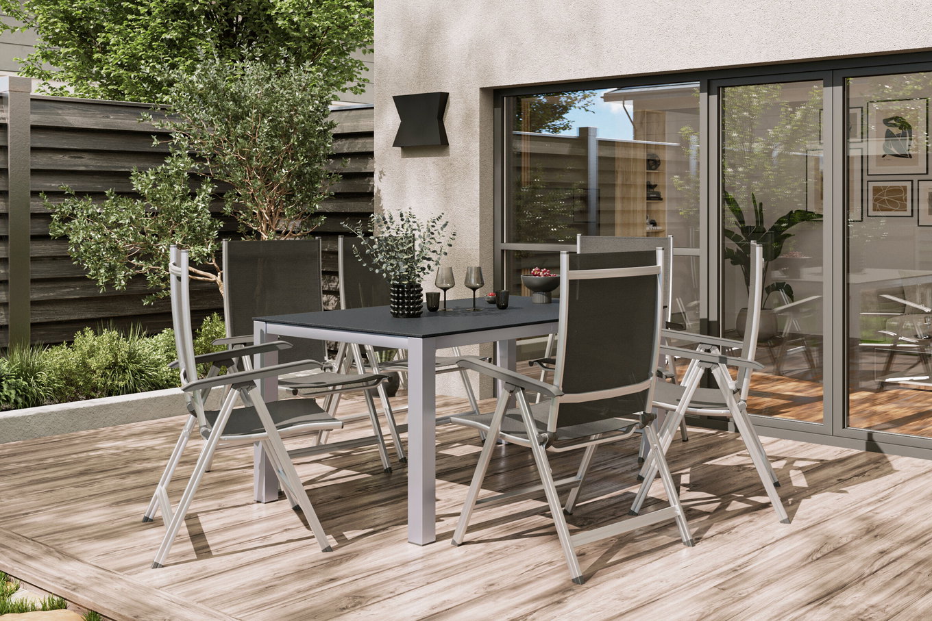 KETTLER BasicPlus Groupe repas de jardin, argent/anthracite, Alu/Spraystone/Textile, 160 x 95 cm, incl. 6 chaises pliantes 28317__1