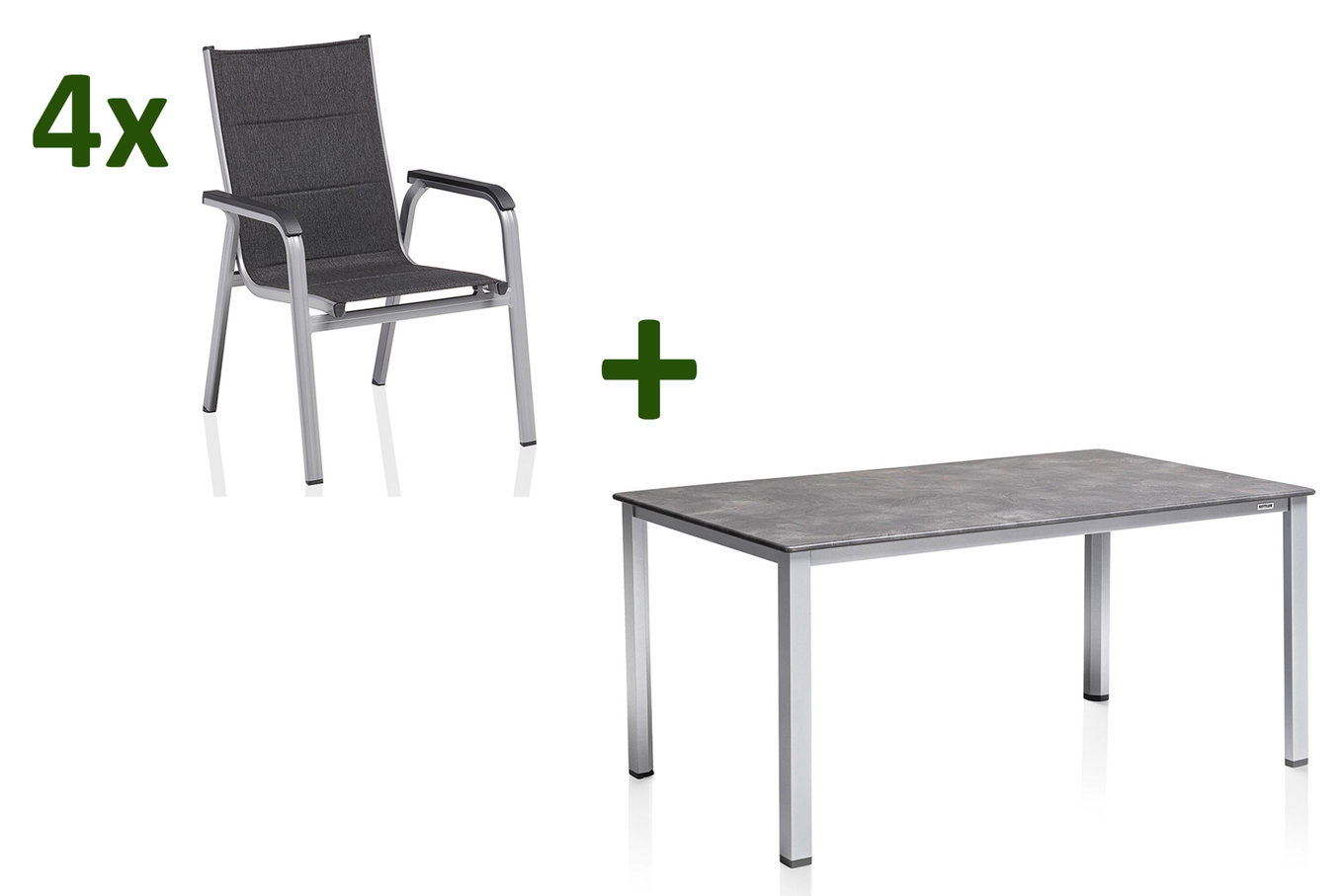 KETTLER Cubic/ Basic Plus Padded Groupe repas de jardin, argent/anthracite, Alu/Textilène, Table 160x90 cm, 4 fauteuils empilables 28701__1
