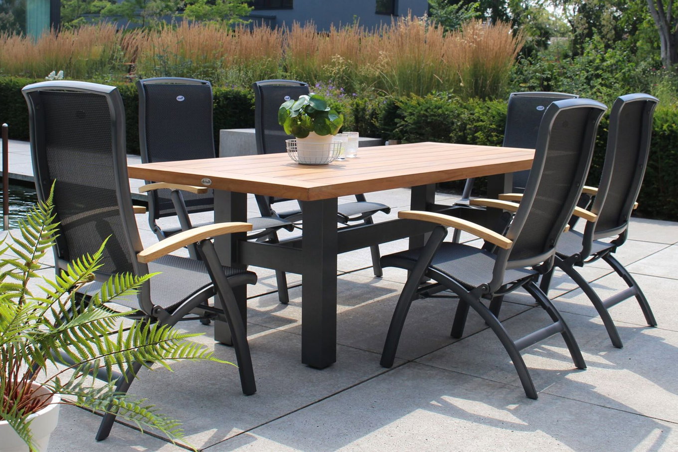 HARTMAN Modèle spécial Yasmani/Da Vinci Ensemble repas de jardin, xerix, Alu/Teck, 240x100cm, 6 chaises pliantes 19033__1