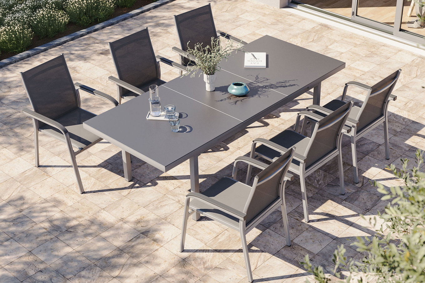 KETTLER BasicPlus Salon de jardin, argent, Alu/Textilène, Table 180/240x100cm, 6 Fauteuils empilables 19309__1