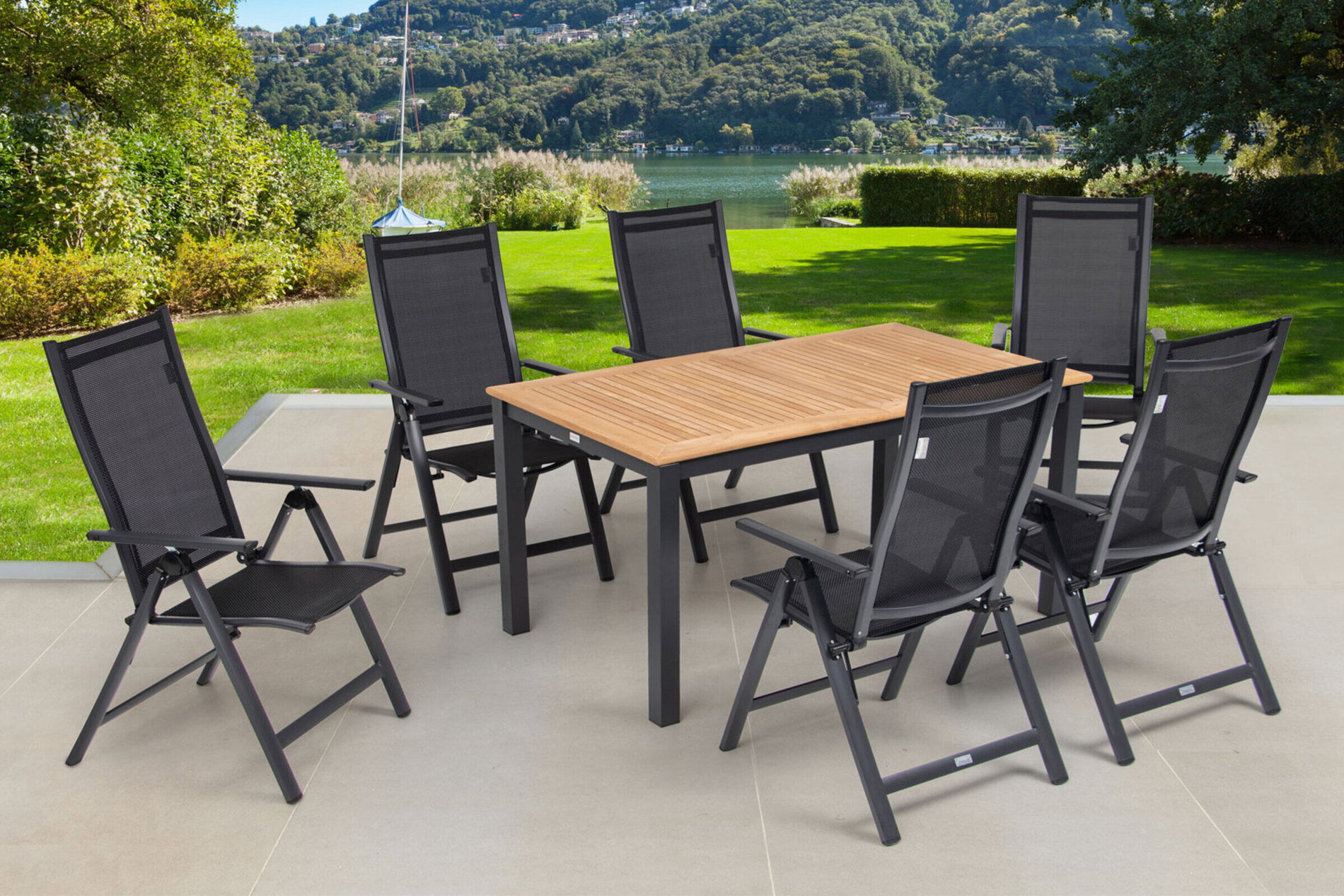OUTFLEXX Ensemble repas de jardin, OUTFLEXX® anthracite mat, Alu / Teck / Textilène, Table extensible 150/210 x 90 cm, 6 chaises pliantes 22174__1