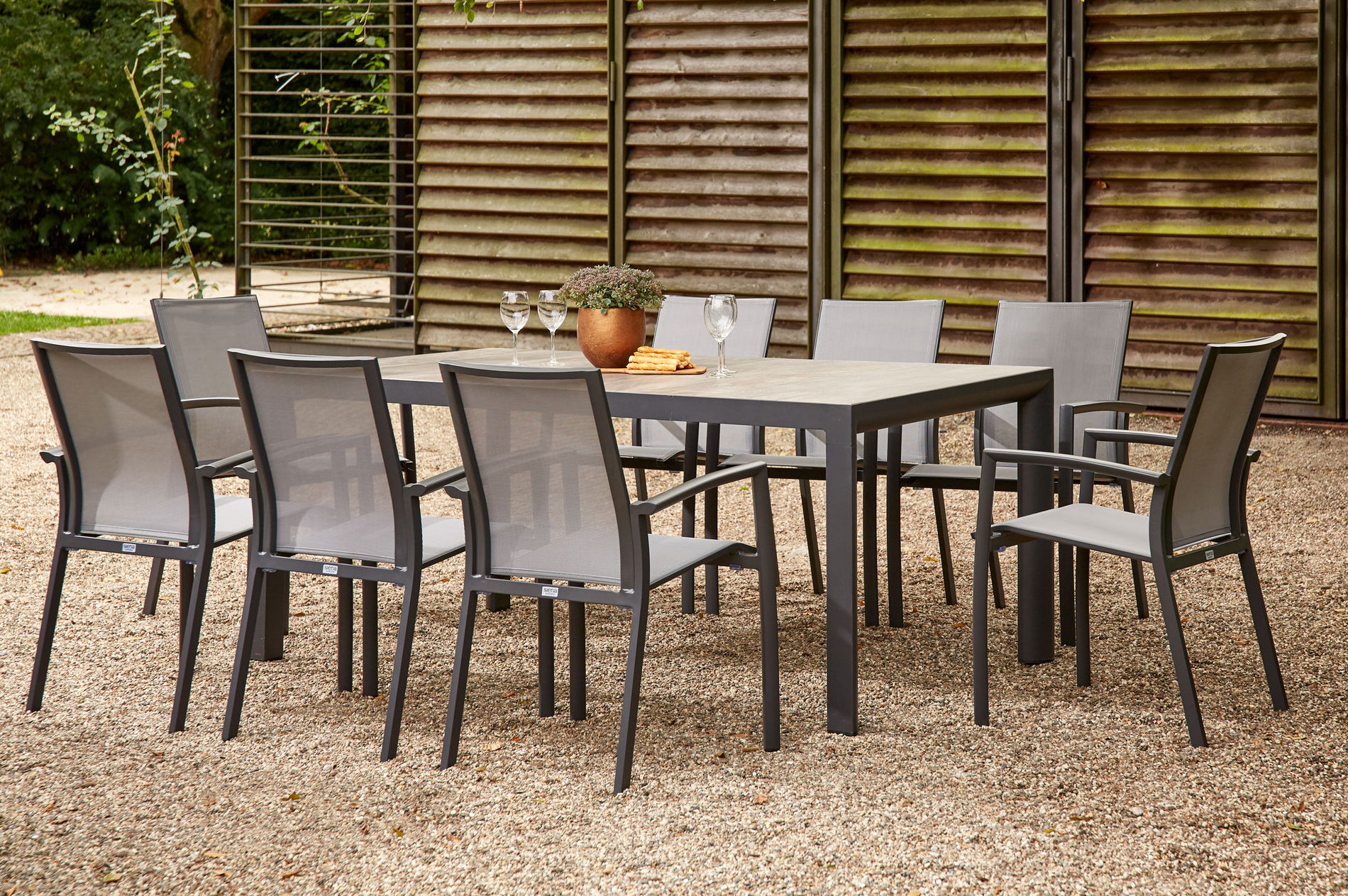 SIENA GARDEN Velia / Silva Ensemble repas de jardin, anthracite/washed grey, Alu/Ranotex/Céramique, 8 fauteuils, table 220 x 100 cm 21493__1