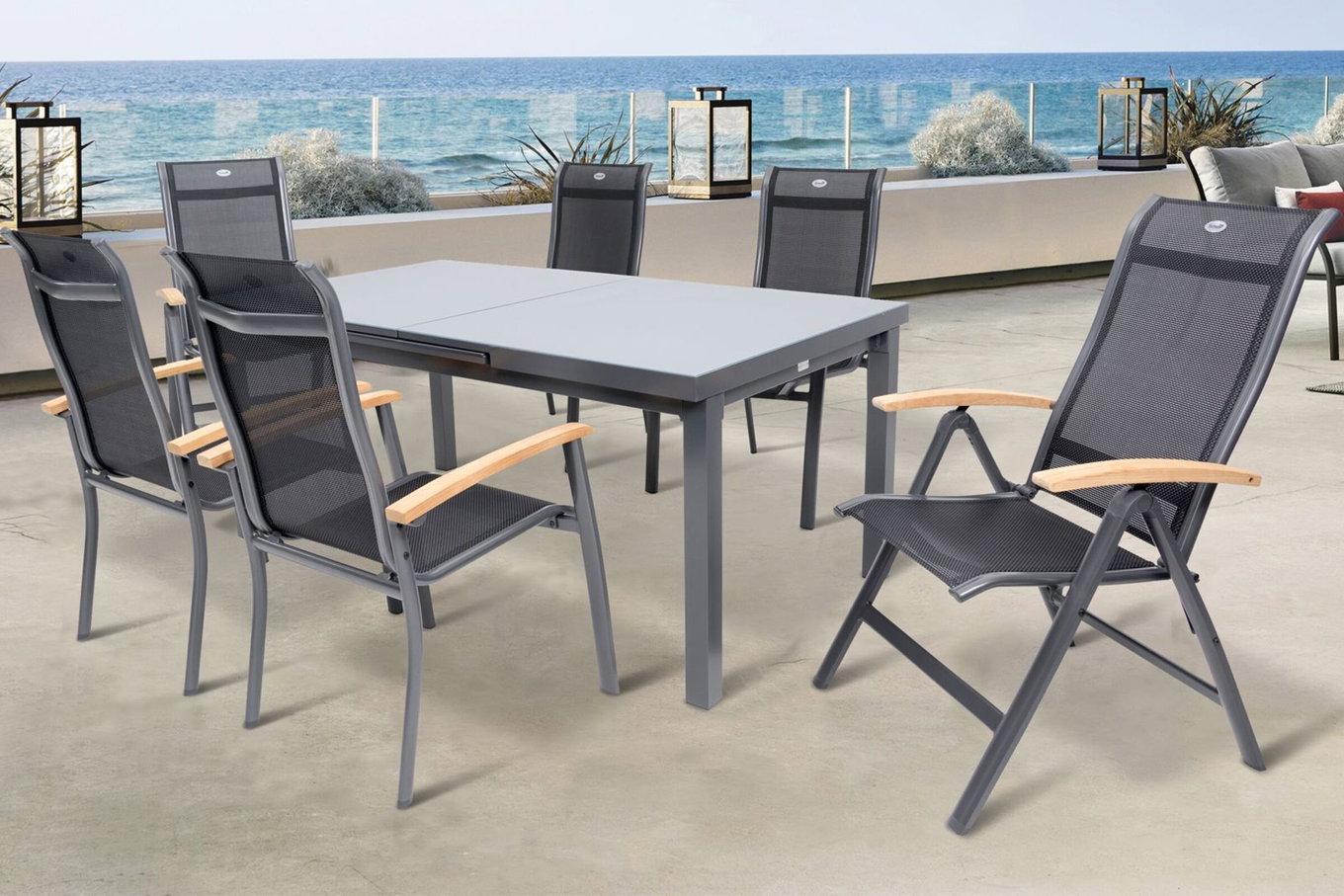 HARTMAN Alice Ensemble salle à manger de jardin, xerix, Alu/Textilène 4x4, Table 180/240x100cm, 4 fauteuils empilables, 2 chaises pliantes 19329__1