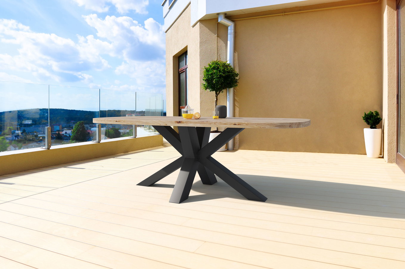 OUTFLEXX Belgium Table à manger, gris foncé/naturel, alu/teck recyclé, 220x100x78cm, brossé rustique, piètement croisé, produit certifié FSC® 20323__1