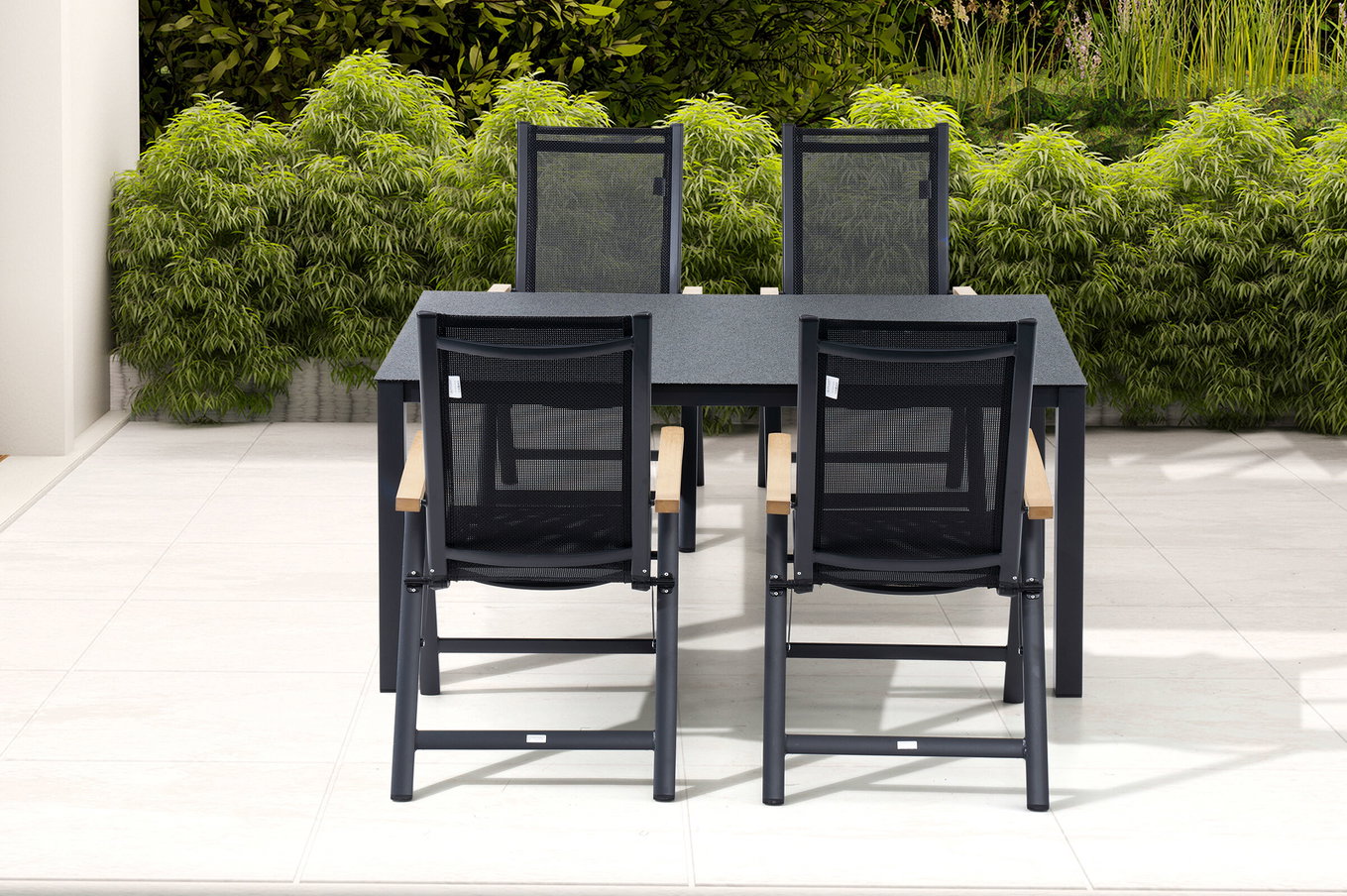 OUTFLEXX Ensemble repas de jardin, anthracite mat/gris/noir, Alu/Spraystone/Textilène, 160 x 95 cm, 4 chaises pliantes 28190__1