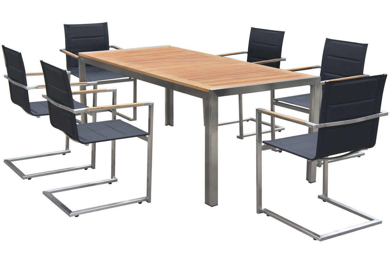 OUTFLEXX Ensemble de repas de jardin, noir, acier inoxydable/teck, table 180 x 90 cm, 6 chaises empilables rembourrées 14194__1
