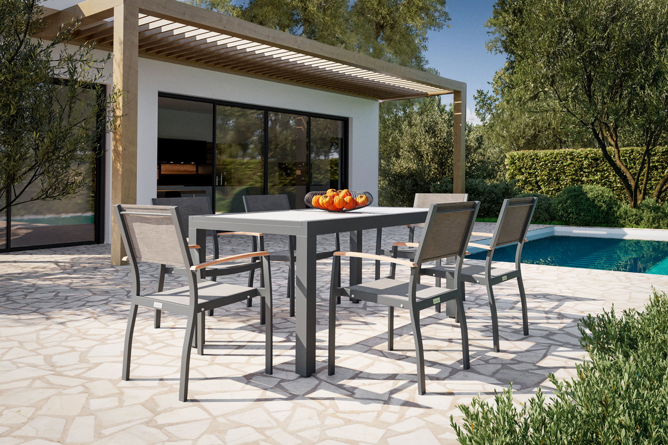 Salon de jardin VILLANA avec 6 fauteuils, anthracite/gris, alu/verre, table env. 160/220 x 90 cm, extensible, résistant aux intempéries, produit certifié FSC® 34915__1
